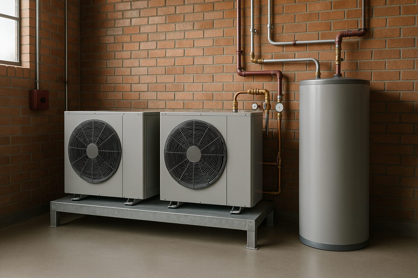 Two commercial heat pump water heaters on a steel plinth piped to an insulated hot water cylinder in a brick plant room